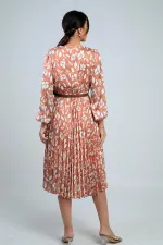 Women's Wrap Neckline Belted Lined Brush Pattern Pleated Midi Satin Dress