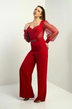 Women's Sweetheart Neckline Long Tulle Sleeved Belted Palazzo Crepe Jumpsuit