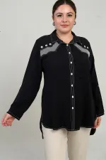 Kadın Kuş Gözlü Fileli Kol Katlamalı Büyük Beden Uzun Gömlek