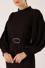 Beli Kemerli Omuz Büzgülü Elbise