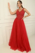 Front and Back V-Neck Beaded Lined Long Tulle Evening Dress