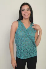 Women's V-Neck Front Gathered Floral Holework Blouse