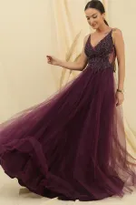 Strappy Long Tulle Dress with Guipure Bead Details and Lining