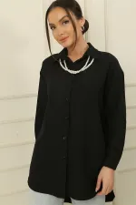 Button-front Shirt Tunic with Pearl Necklace Collar