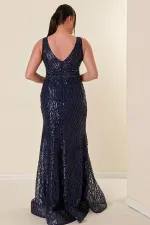 Robe longue à sequins grande taille pour femme, col en V, doublure, détails perlés