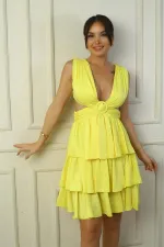 Kadın Ön Arka V Yaka Bel Dekolteli Astarlı Katlı Saten Kısa Elbise