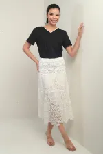 Kadın Beli Lastikli Astarlı Dantel Fisto Midi Etek