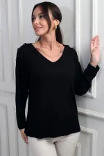 Blouse en lycra à col en V et boutons sur les épaules pour femme, couleur fraise.