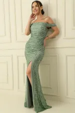 Kalın Askılı Astarlı Önü Büzgülü Pulpayet Uzun Elbise