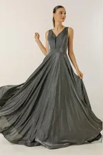 V Yaka Hayal Tüllü Simli Astarlı Abiye Elbise