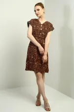 Women's Half-Front Button-Down, Drawstring Waist, Embroidered Dress