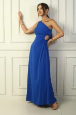 Women's One-Shoulder Long Crepe Satin Dress with Side Window Detail