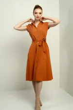 Women's Button-Front Belted Shirt Collar Short-Sleeve Dress