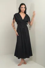 Robe longue pour femme à col en V devant et dos, manches froncées et broderies florales appliquées