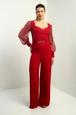 Women's Sweetheart Neckline Long Tulle Sleeved Belted Palazzo Crepe Jumpsuit