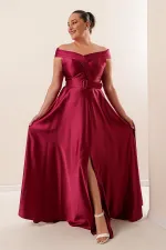 Madonna Neckline Belted Lined Slit Plus Size Long Satin Dress