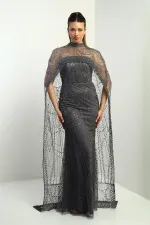 Women's Strapless, Sequined, Cape-Style, Lined Long Evening Dress