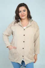 Women's Hooded, Button-Front, Pocketed, Ruffled Plus Size Cardigan