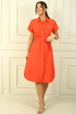 Double-pocket, button-front, belted linen-effect dress.