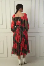 Madonna Neckline Lined Cross-Tie Floral Wrap Chiffon Dress