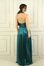 Kadın V Yaka Sırt Dekolteli Üstü Piliseli Örme Saten Uzun Elbise