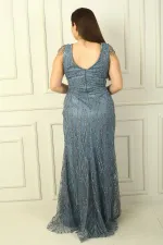 Kadın Omzu Püsküllü Astarlı Boncuk Ve Taşlı Büyük Beden Uzun Elbise