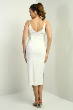 Kadın İp Askılı Önü Şerit Taş Detaylı Midi Krep Elbise