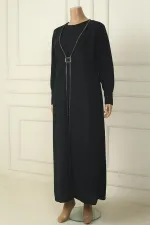 Robe longue en crêpe grande taille pour femme, avec poignets zippés, taille à boucle et ornements en pierre