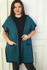 Women's Plus Size Hooded Poncho with Side Button Detail and Patterned Back