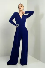 Women's Wrap Neckline Long Sleeved Wide Leg Lycra Jumpsuit with Waist Stone Detail