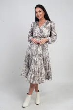 Women's Double-Breasted Waist Belted Lined Chain Pattern Pleated Midi Satin Dress