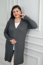 Kadın Kol Düğme Detaylı Kalın Fitilli Likralı Büyük Beden Uzun Hırka