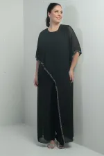 Combinaison en mousseline pour femme avec détails en pierre, manches espagnoles, jambes larges, grandes tailles, Lycra