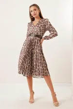 Wrap Neckline Patterned Belted Lined Pleated Satin Dress