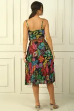 Chiffon Dress with Rope Straps, Belted Waist, Mixed Floral Pattern, Lined Pleated Skirt