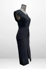 Women's V-Neck Blouse with Elastic Waist, Pockets, and Front Slit Skirt - 2-Piece Set