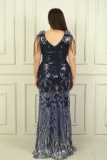 Robe de soirée longue à sequins BB avec manches à pompons perlés et doublure