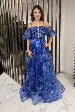 Robe longue en organza floral à fines bretelles et manches basses pour femme, doublée sur le devant, avec passepoil détaillé