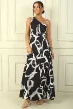 Kadın Tek Omuz Yandan Pencereli Karışık Desen Uzun Krep Saten Elbise