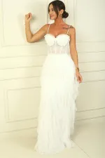 Robe bustier à bretelles perlées, doublure à franges et long tulle