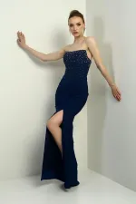 Kadın Straplez Taş-Boncuk Detaylı Önü Düğümü Uzun Sandy Elbise