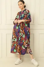 Kol Katlamalı Önü Düğmeli Cepli Rahat Kalıp Desenli Viskon Uzun Elbise