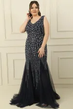 Front and Back V-Neck Stone Embellished Back Tie Lined Plus Size Long Dress