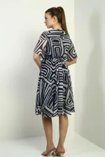 Women's Wrap Neckline Belted Lined Geometric Pattern Chiffon Dress