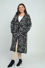 Kadın Zebra Desenli Cepli Büyük Beden Triko Uzun Hırka