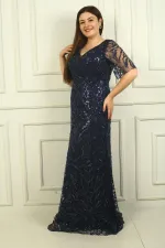 Women's Front Back V Neck Beaded-Sequin Embroidered Lined Plus Size Dress