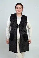 Gilet long en maille à poches, motif mini, fermeture à 3 boutons, grande taille, pour femme