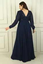 Kadın Ön Arka V Yaka Üstü Pulpayet Astarlı Büyük Beden Uzun Şifon Abiye Elbise