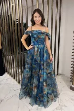 Robe longue en organza floral à fines bretelles et manches basses pour femme, drapée sur le devant, doublée