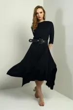 Kadın Çeyrek Kollu Beli Kemerli Asimetrik Krep Saten Midi Elbise